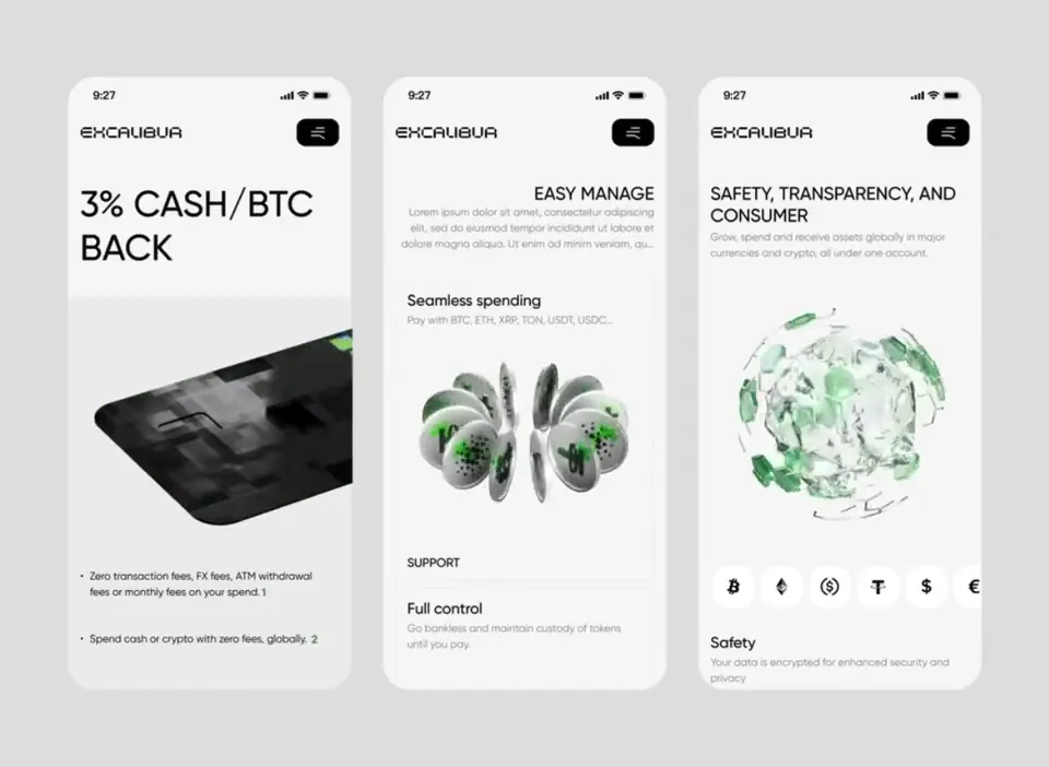 Excalibur App crypto banking interface preview
